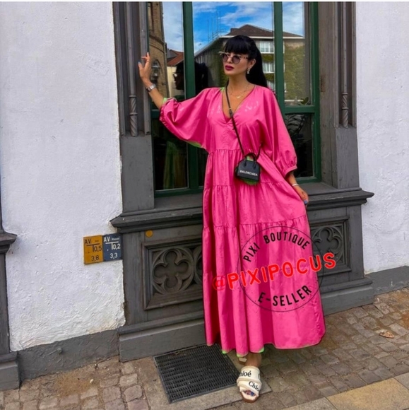 ZARA * Tiered Poplin Pink Dress Voluminous Flowy Maxi - Picture 5 of 13